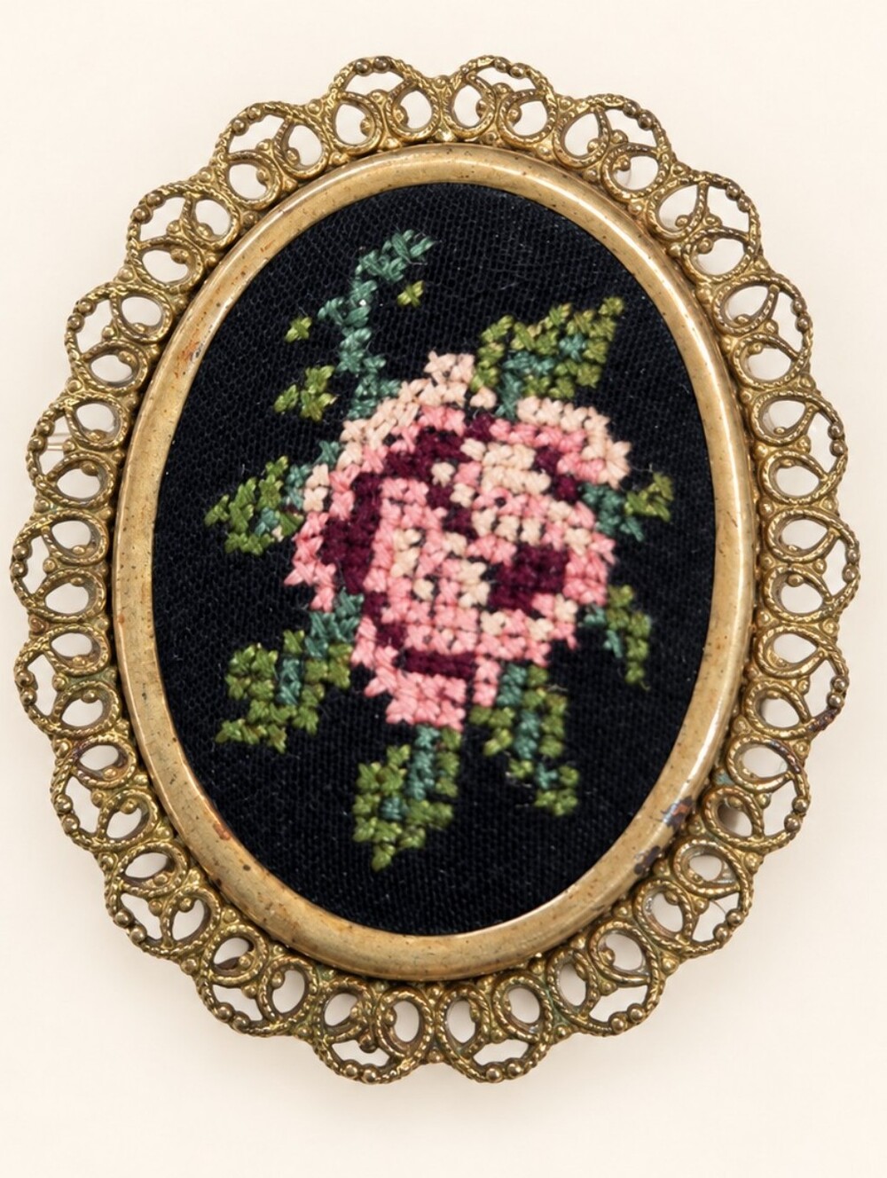 Vintage Floral Needlepoint Brooch - Pink Rose on Black